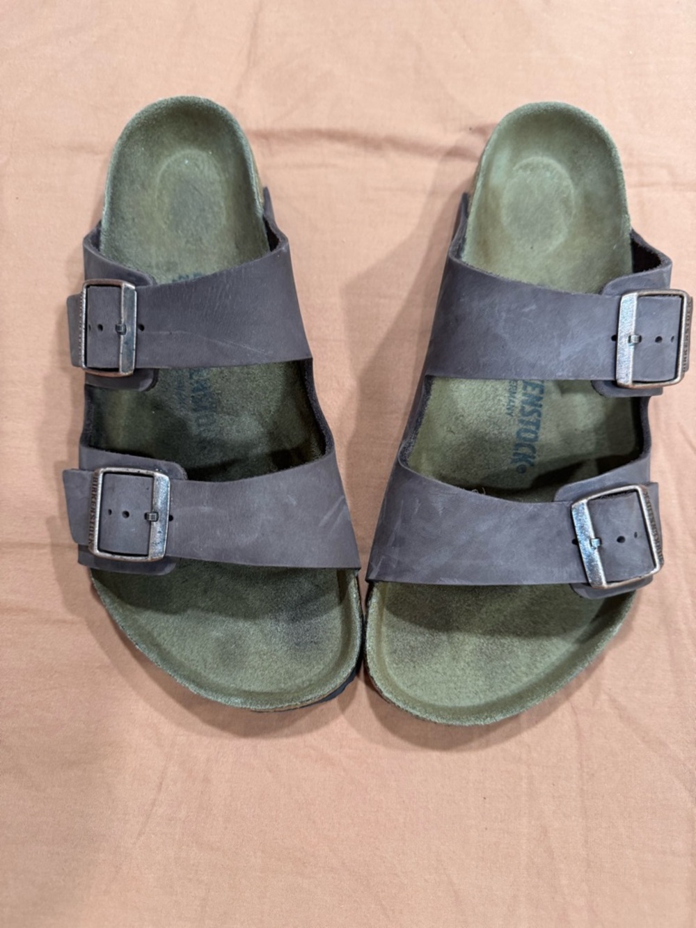 Birkenstock Men's Double-Buckle Slides in Brown with Green Footbed